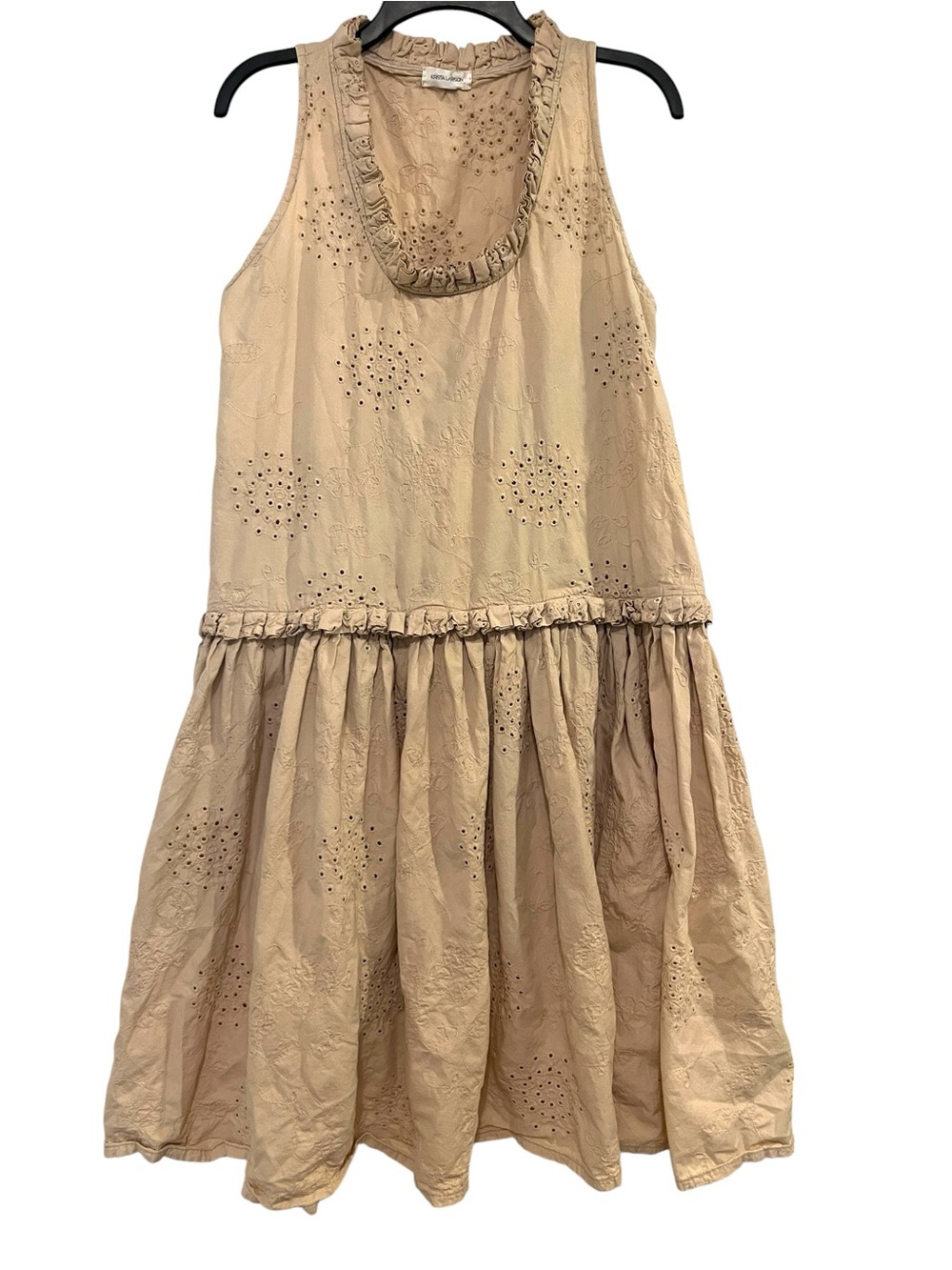 Krista Larson Khaki Tan Eyelet Ruffle-Trim Sleeveless Dress